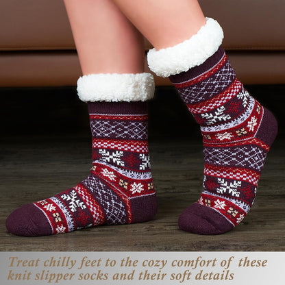 Women's Fuzzy Slipper Socks with Non-Slip Grippers, Cozy Fluffy Sherpa Lined, Cute Christmas Gifts