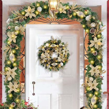 Pre-Lit 24 Inch Lighted Christmas Wreath for Front Door Champagne Gold Christmas Door Wreath Decor with Ball Ornaments, Poinsettia Flowers,Ribbon,Pine Cones,Battery Operated 30 LED Lights