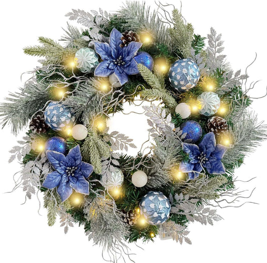Pre-Lit 24 Inch Lighted Christmas Wreath for Front Door Champagne Gold Christmas Door Wreath Decor with Ball Ornaments, Poinsettia Flowers,Ribbon,Pine Cones,Battery Operated 30 LED Lights