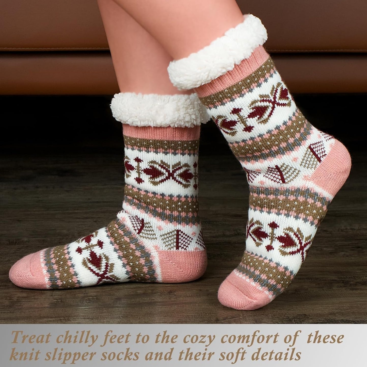 Women's Fuzzy Slipper Socks with Non-Slip Grippers, Cozy Fluffy Sherpa Lined, Cute Christmas Gifts