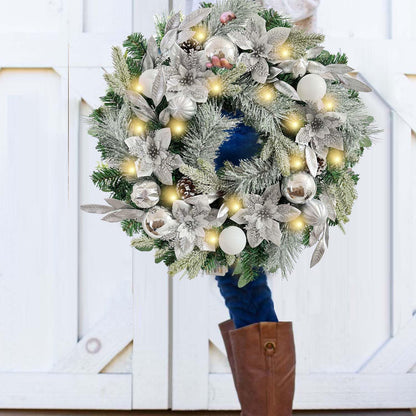 Pre-Lit 24 Inch Lighted Christmas Wreath for Front Door Champagne Gold Christmas Door Wreath Decor with Ball Ornaments, Poinsettia Flowers,Ribbon,Pine Cones,Battery Operated 30 LED Lights