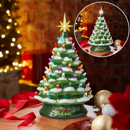 Hand Painted Ceramic Christmas Tree, Pink 15-Inch Pre-Lit Tree with 128 Multi Color Lights and 2 Star Toppers