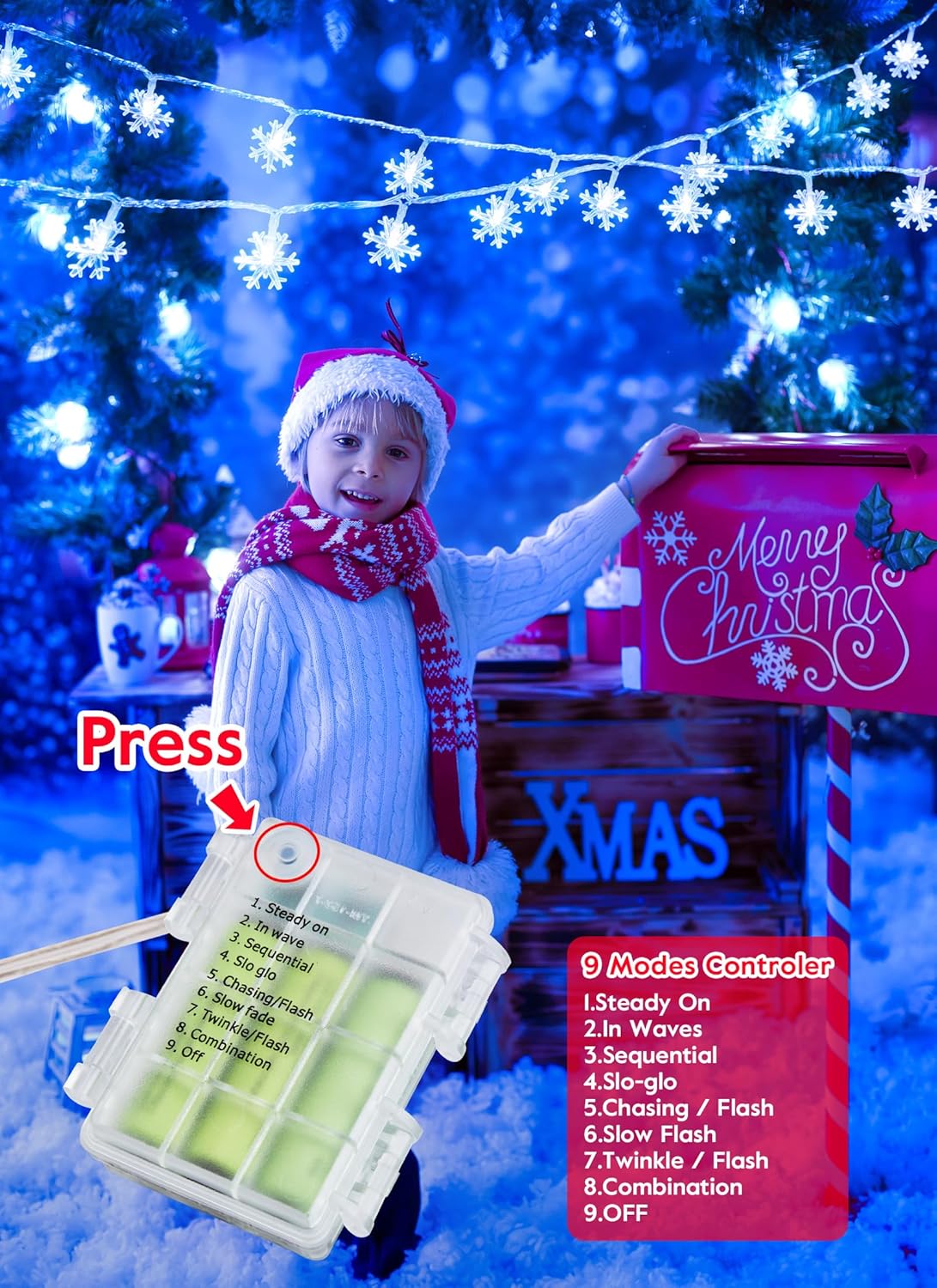 2 Pack Christmas Snowflakes Lights, 26 Ft 50 LED Snowflake String Lights Battery Operated, 8 Lighting Modes Waterproof Shatterproof Fairy Light for Bedroom Home Indoor Outdoor Xmas Christmas Decor