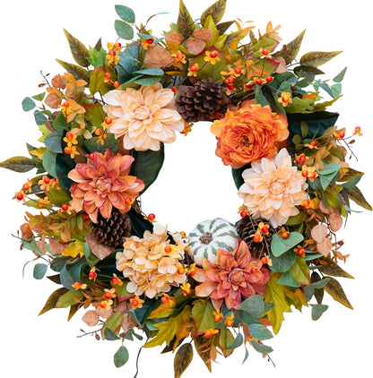 Fall Wreaths for Front Door Outside-24 Inch Autumn Wreath with Dahlia Flowers, Pumpkins, Pinecones, and Eucalyptus Leaves Large Fall Wreath for Thanksgiving, Halloween, Indoor Outdoor Door