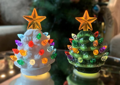 MOMENTS IN TIME 2pc 3.5”H LED Ceramic Mini Christmas Tree, LED Light up, Battery Operated Cell Battery Included.