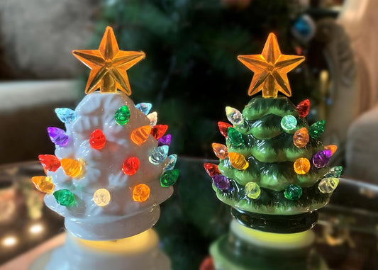 MOMENTS IN TIME 2pc 3.5”H LED Ceramic Mini Christmas Tree, LED Light up, Battery Operated Cell Battery Included.