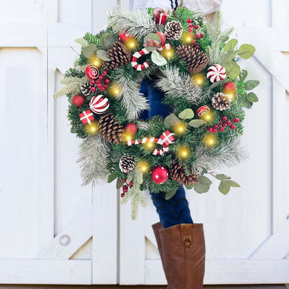 Pre-Lit 24 Inch Lighted Christmas Wreath for Front Door Champagne Gold Christmas Door Wreath Decor with Ball Ornaments, Poinsettia Flowers,Ribbon,Pine Cones,Battery Operated 30 LED Lights