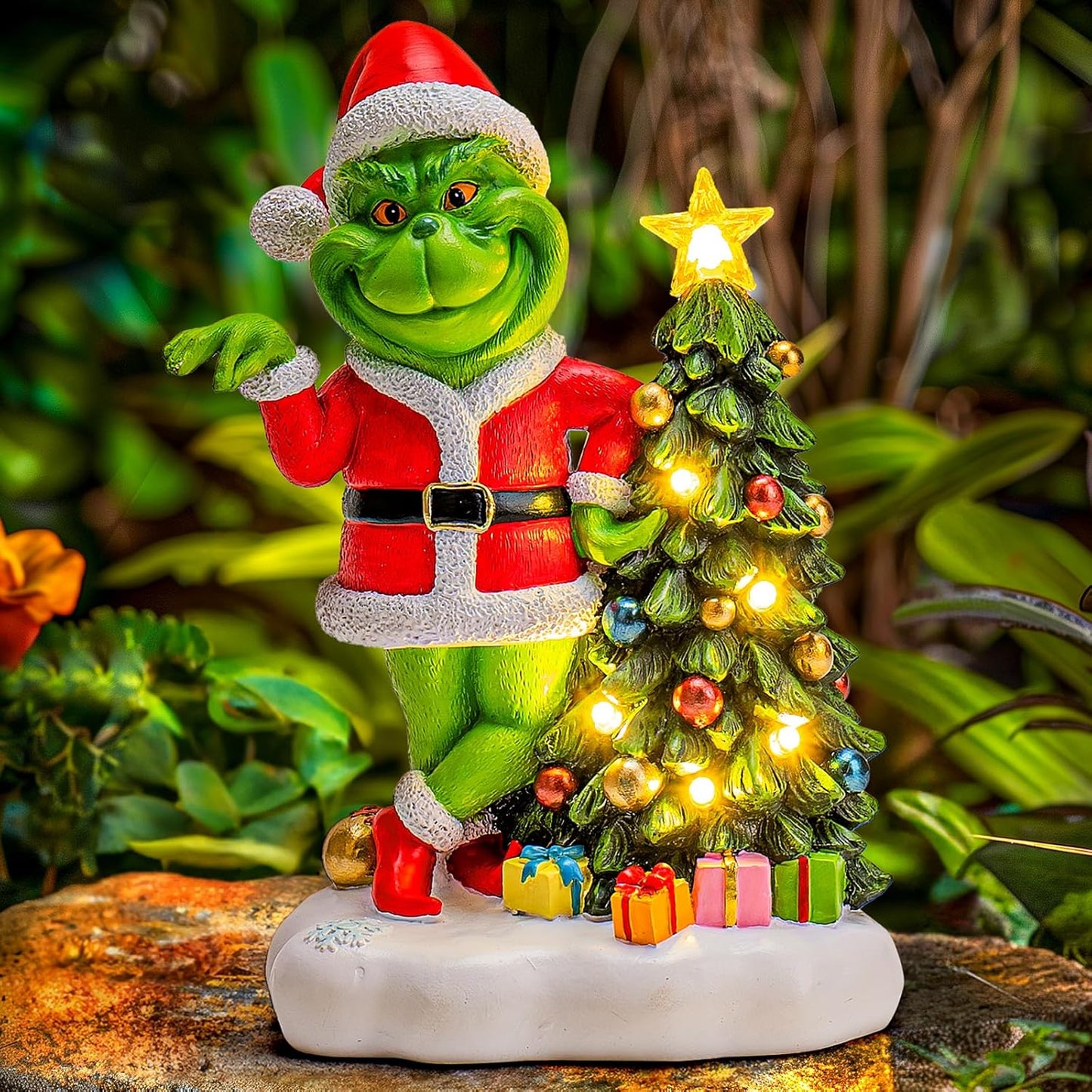 Solar Garden Outdoor Statues Green Monster with Christmas Tree and 6 LED Lights-Christmas Lawn Deco Statue for Patio, Balcony - Unique Christmas Housewarming Gifts