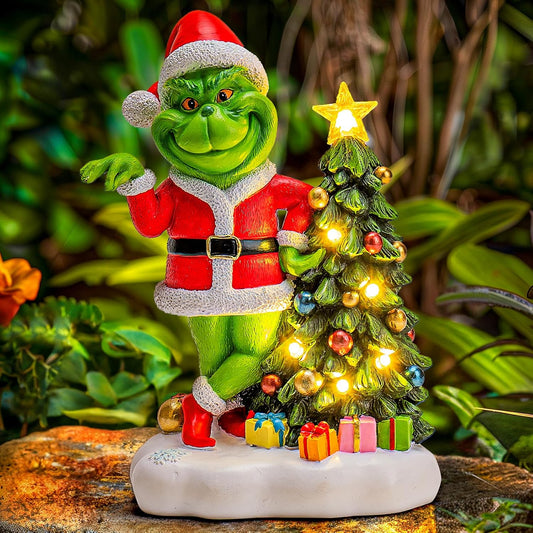 Solar Garden Outdoor Statues Green Monster with Christmas Tree and 6 LED Lights-Christmas Lawn Deco Statue for Patio, Balcony - Unique Christmas Housewarming Gifts