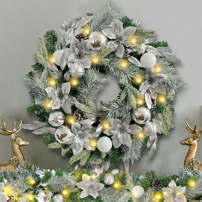 Pre-Lit 24 Inch Lighted Christmas Wreath for Front Door Champagne Gold Christmas Door Wreath Decor with Ball Ornaments, Poinsettia Flowers,Ribbon,Pine Cones,Battery Operated 30 LED Lights