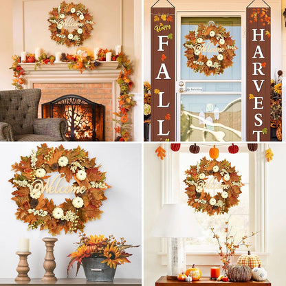 Waipfaru Fall Wreaths for Front Door - 20'' Autumn Wreath with Lights & Welcome Sign & Timer Function, Fall Leaf Reef Farmhouse Thanksgiving Decor for Outdoor Porch Patio