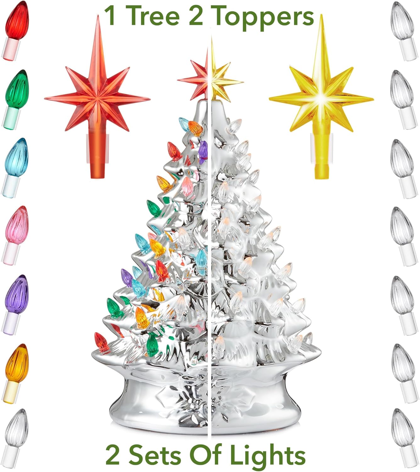 Hand Painted Ceramic Christmas Tree, Pink 15-Inch Pre-Lit Tree with 128 Multi Color Lights and 2 Star Toppers