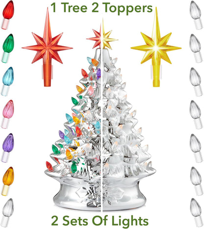 Hand Painted Ceramic Christmas Tree, Pink 15-Inch Pre-Lit Tree with 128 Multi Color Lights and 2 Star Toppers