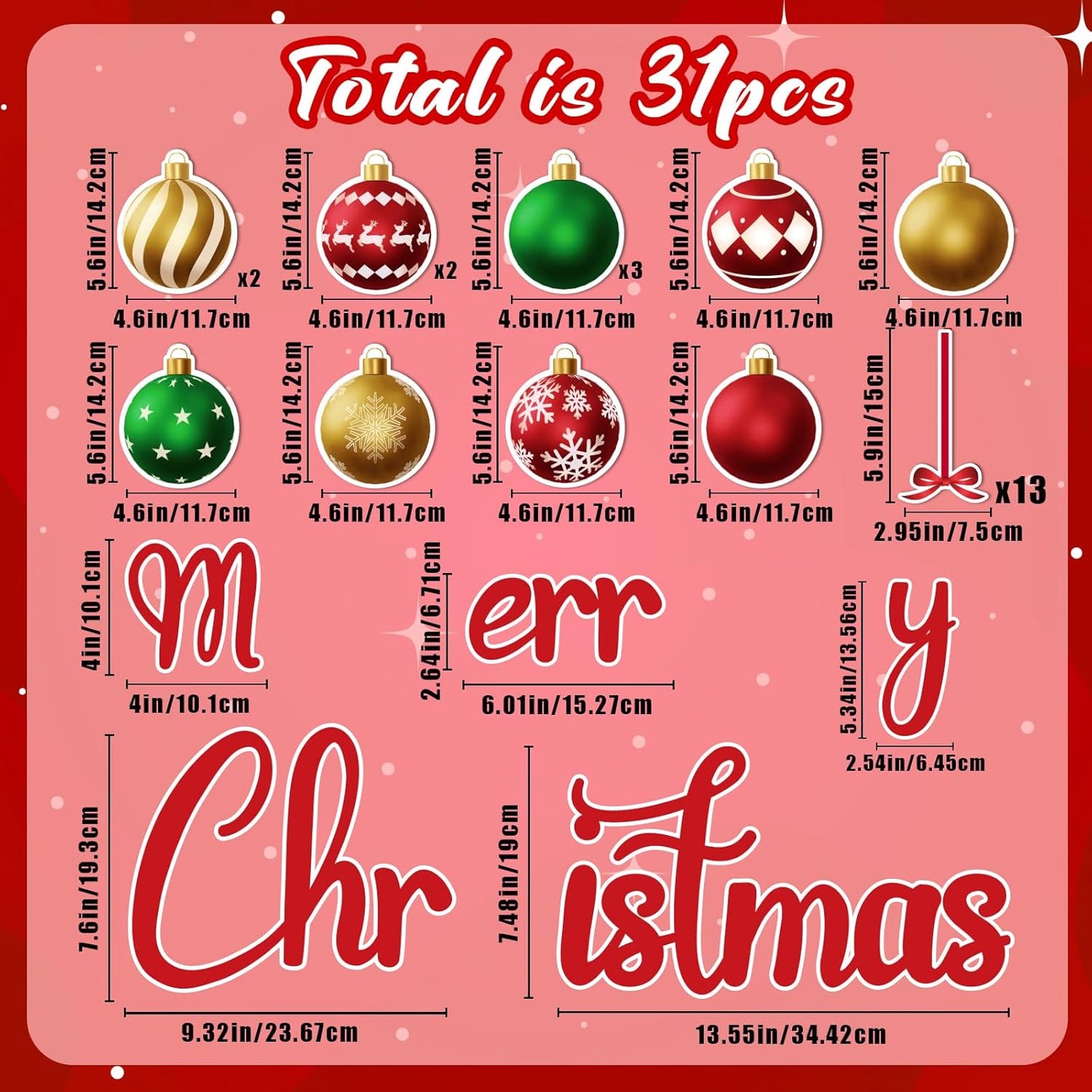 90shine 32PCS Christmas Garage Door Decorations Magnets - Merry Xmas Ball Holiday Refrigerator Fridge Kitchen Decor(Red, Silver)