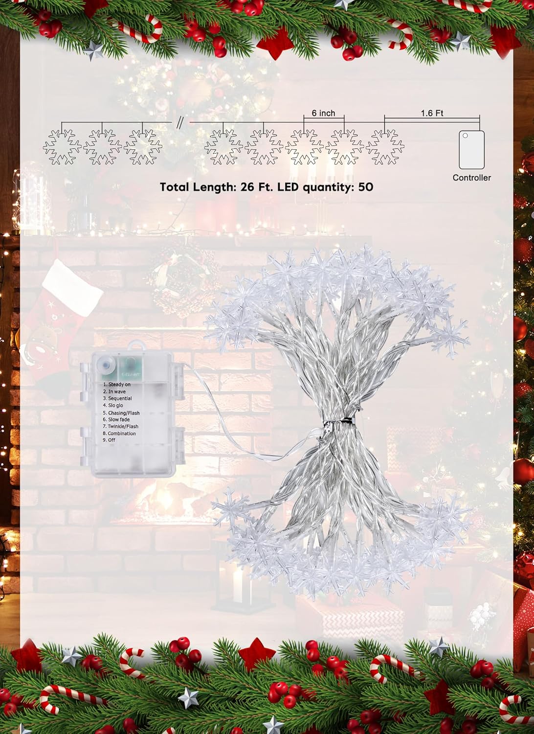 2 Pack Christmas Snowflakes Lights, 26 Ft 50 LED Snowflake String Lights Battery Operated, 8 Lighting Modes Waterproof Shatterproof Fairy Light for Bedroom Home Indoor Outdoor Xmas Christmas Decor