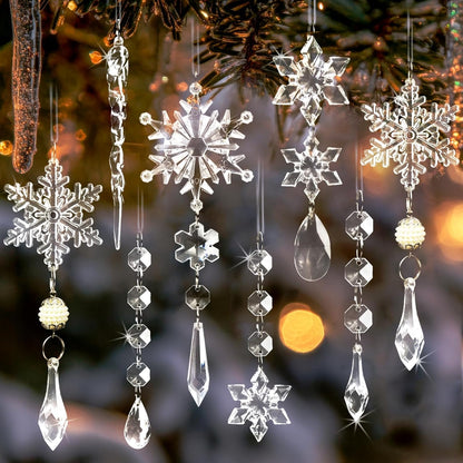 18pcs Christmas Tree Decoration Crystal Ornaments - Hanging Acrylic Christmas Snowflake Icicle Drop Crystal Ornaments for Xmas Tree Winter New Year Party Supplies