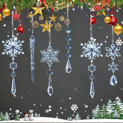 18pcs Christmas Tree Decoration Crystal Ornaments - Hanging Acrylic Christmas Snowflake Icicle Drop Crystal Ornaments for Xmas Tree Winter New Year Party Supplies