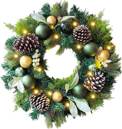 Pre-Lit 24 Inch Lighted Christmas Wreath for Front Door Champagne Gold Christmas Door Wreath Decor with Ball Ornaments, Poinsettia Flowers,Ribbon,Pine Cones,Battery Operated 30 LED Lights