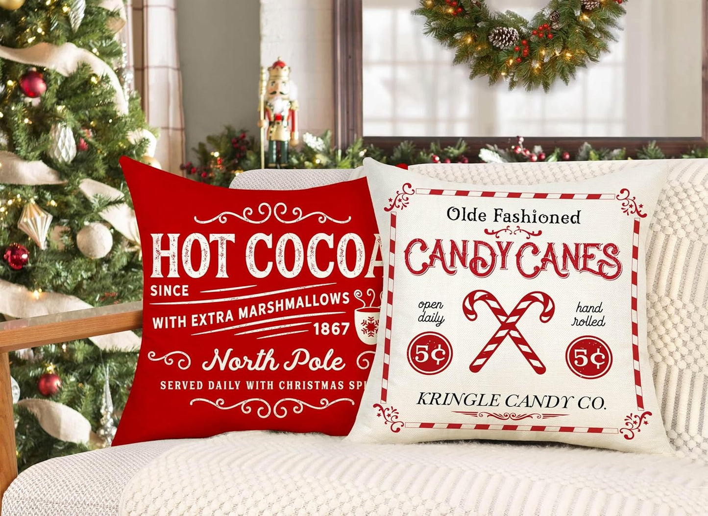 Farmhouse Christmas Pillow Covers 18x18 Set of 4 Winter Holiday Decorations Xmas Rustic Throw Cushion Case for Sofa Couch Home Decor (Sleigh Rides, Farm Fresh Tree, Cocoa, Candy Canes)