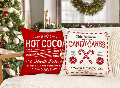 Farmhouse Christmas Pillow Covers 18x18 Set of 4 Winter Holiday Decorations Xmas Rustic Throw Cushion Case for Sofa Couch Home Decor (Sleigh Rides, Farm Fresh Tree, Cocoa, Candy Canes)