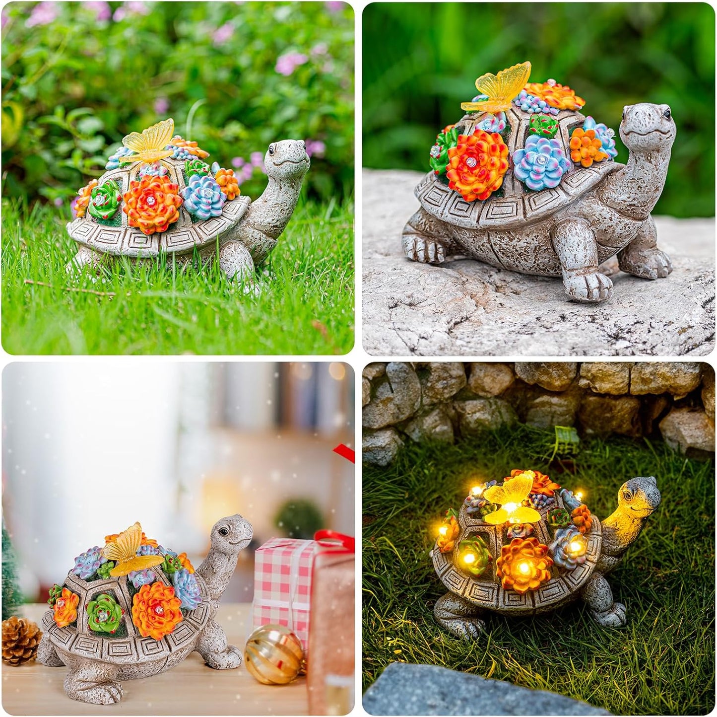 Solar Garden Outdoor Statues Green Monster with Christmas Tree and 6 LED Lights-Christmas Lawn Deco Statue for Patio, Balcony - Unique Christmas Housewarming Gifts