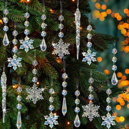 18pcs Christmas Tree Decoration Crystal Ornaments - Hanging Acrylic Christmas Snowflake Icicle Drop Crystal Ornaments for Xmas Tree Winter New Year Party Supplies