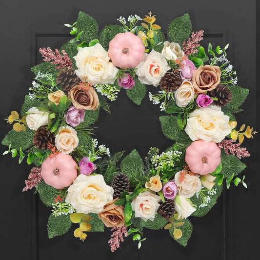 Fall Wreaths for Front Door Outside 24inch Large Autumn Wreath with Pink Pumpkins, Rose,Babysbreath,Eucalyptus& Leaves for Fall Door Wreath and Outdoor Wreaths Indoor Thanksgiving Decorations