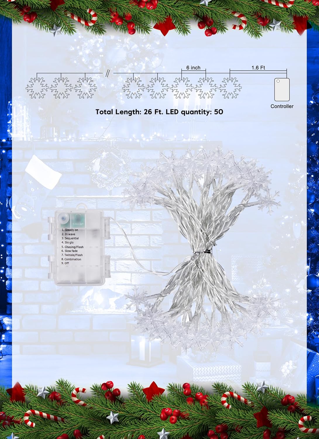 2 Pack Christmas Snowflakes Lights, 26 Ft 50 LED Snowflake String Lights Battery Operated, 8 Lighting Modes Waterproof Shatterproof Fairy Light for Bedroom Home Indoor Outdoor Xmas Christmas Decor