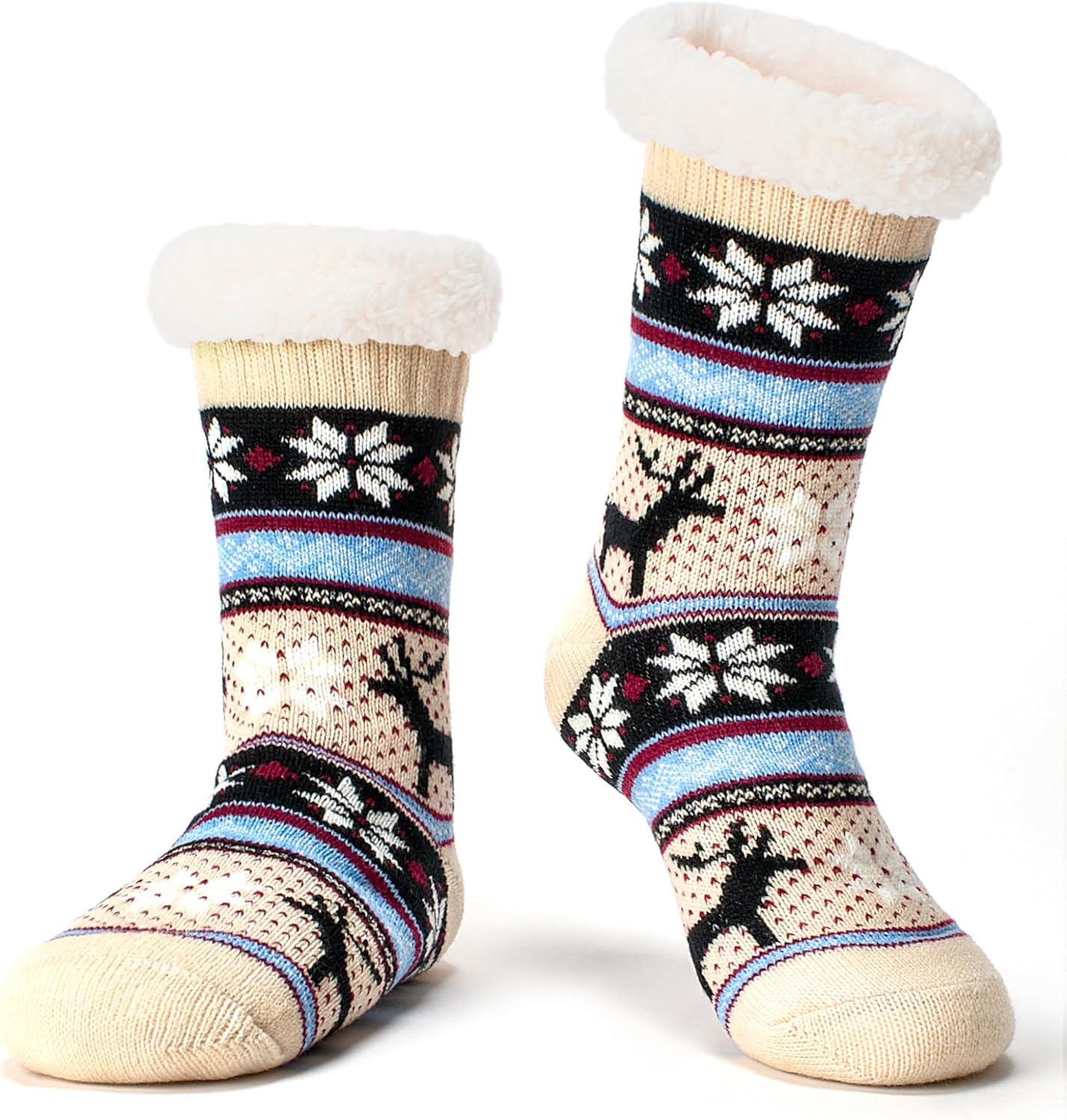 Women's Fuzzy Slipper Socks with Non-Slip Grippers, Cozy Fluffy Sherpa Lined, Cute Christmas Gifts