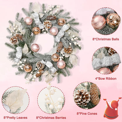 20" Christmas Wreath with Balls, Christmas Door Wreath with Bow Ribbon Berries & Pine Cones Xmas Wreaths for Front Door Wall Home Outdoor Decor