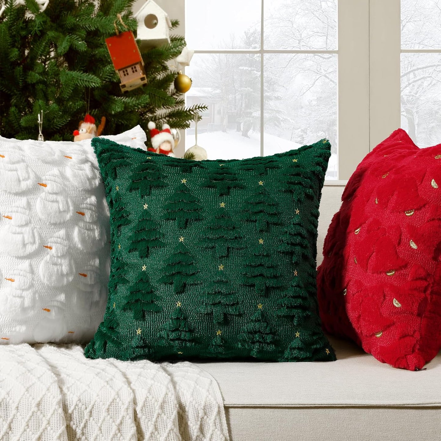 Christmas Throw Pillow Covers Xmas Winter Christmas Tree Faux Fur Cushion Covers, 3D Embroidered Pillow Cases