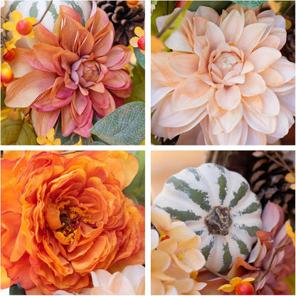 Fall Wreaths for Front Door Outside-24 Inch Autumn Wreath with Dahlia Flowers, Pumpkins, Pinecones, and Eucalyptus Leaves Large Fall Wreath for Thanksgiving, Halloween, Indoor Outdoor Door