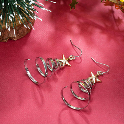 Handmade Christmas Tree Dangle Hoop Earrings Golden Silver Two Tone Women Holiday Gift, Thanksgiving Themed Earrings, Christmas Party Gift