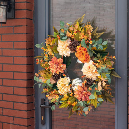 Fall Wreaths for Front Door Outside-24 Inch Autumn Wreath with Dahlia Flowers, Pumpkins, Pinecones, and Eucalyptus Leaves Large Fall Wreath for Thanksgiving, Halloween, Indoor Outdoor Door