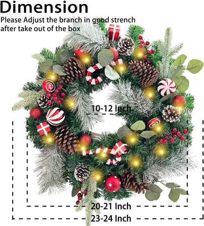 Pre-Lit 24 Inch Lighted Christmas Wreath for Front Door Champagne Gold Christmas Door Wreath Decor with Ball Ornaments, Poinsettia Flowers,Ribbon,Pine Cones,Battery Operated 30 LED Lights