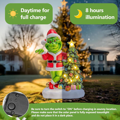 Solar Garden Outdoor Statues Green Monster with Christmas Tree and 6 LED Lights-Christmas Lawn Deco Statue for Patio, Balcony - Unique Christmas Housewarming Gifts