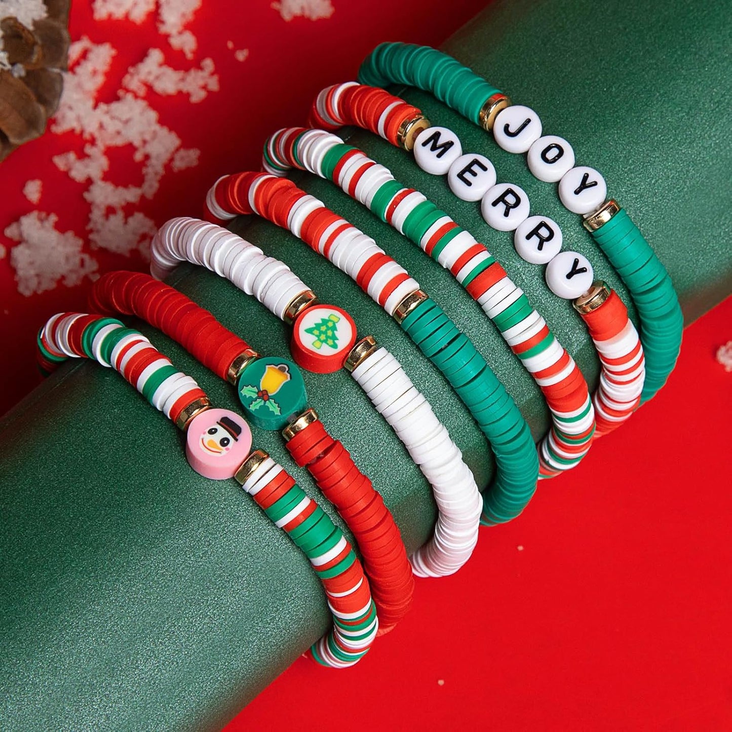 Artlunar 6 Pack Christmas Bracelets: Joy & Merry Candy-Style Stacks for Women & Teens - Perfect Christmas Gifts - Age 3 to Adult