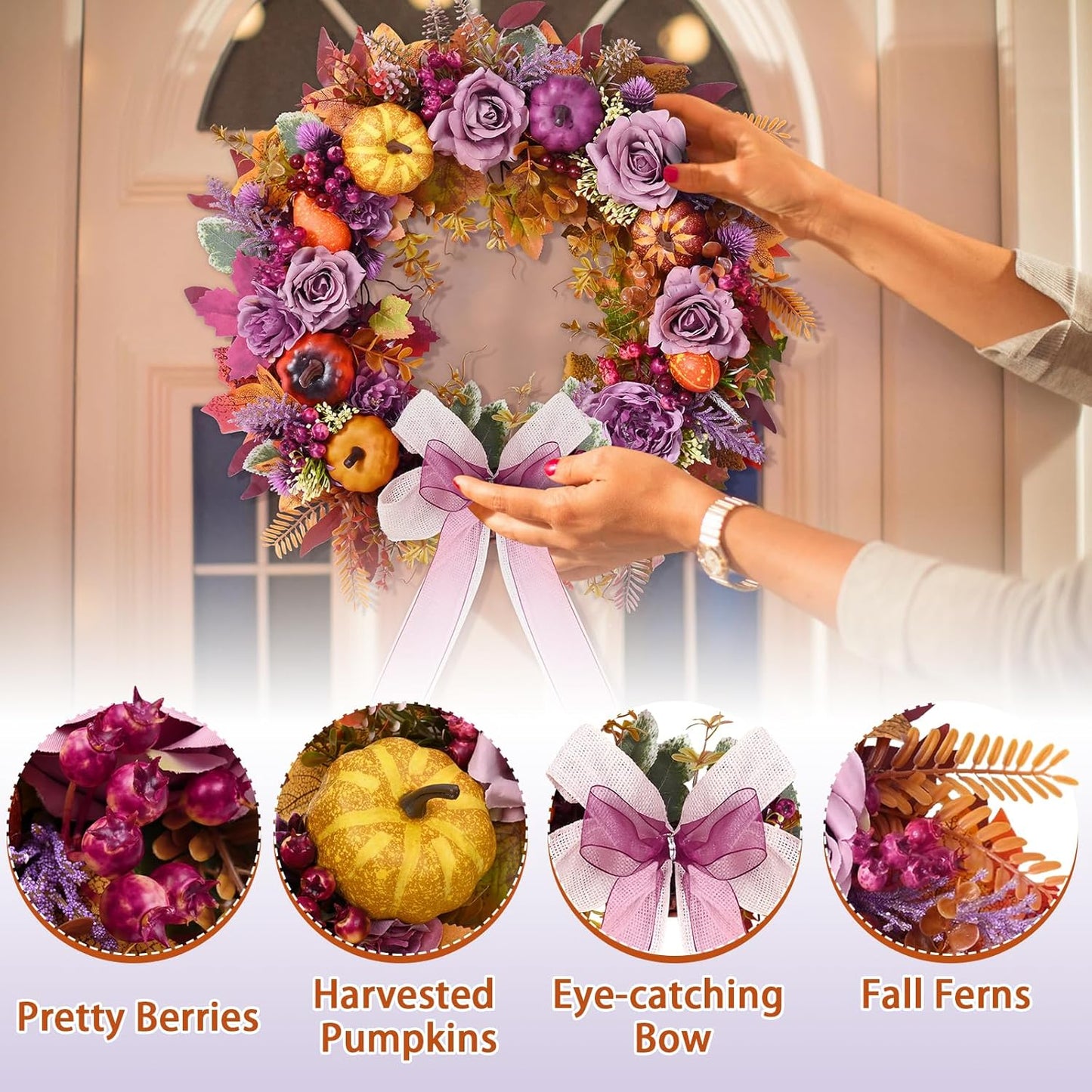 Fall Decor - 2025 Fall Wreaths for Front Door Outside with Blooming Silk Rose, Lifelike Fall Pumpkin Purple Berries & Bow, 18" Fall Door Wreath with Lights for Thanksgiving Door Wall Outside