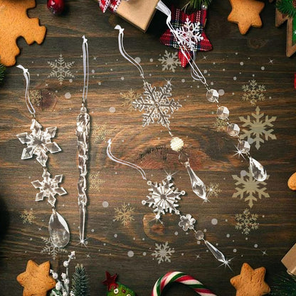 18pcs Christmas Tree Decoration Crystal Ornaments - Hanging Acrylic Christmas Snowflake Icicle Drop Crystal Ornaments for Xmas Tree Winter New Year Party Supplies