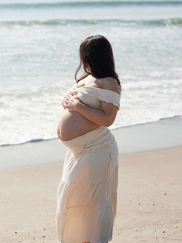 Ivory White Two Piece Set Off Shoulder Ruffle Falbala Bodycon Elegant Maternity Boho Photoshoot Baby Shower Maxi Dress