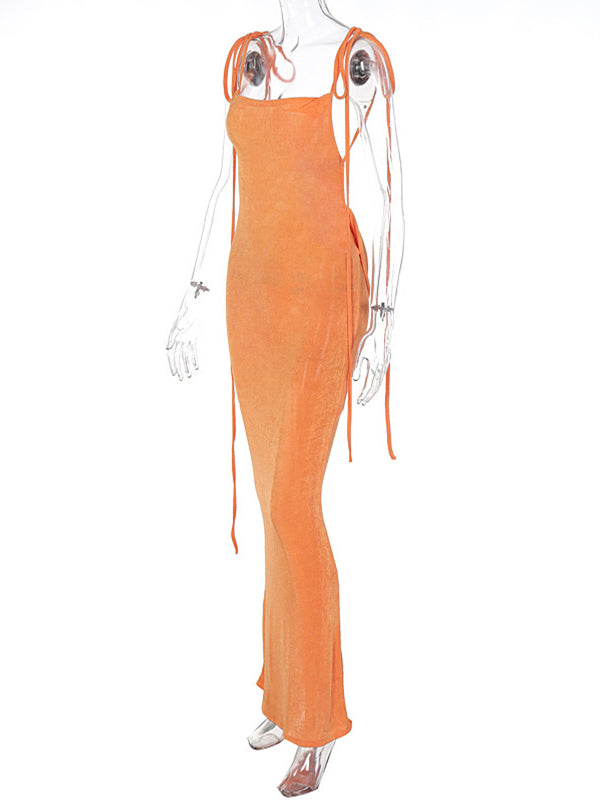 Orange Spaghetti Strap Draped Backless Sleeveless Cocktail Elegant Maternity Maxi Dress