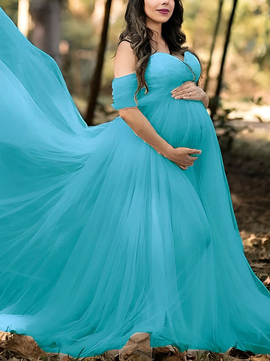 Grenadine Tulle Lace Off Shoulder Baby Shower Photoshoot Pregnant Maternity Maxi Dress