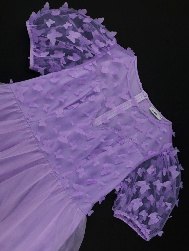 Lavender A Line Dresses O Neck Short Puff Sleeve