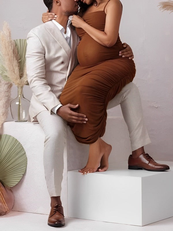 Brown Bodycon Cascading Ruffle Spaghetti Strap Chic Fashion Maternity Photoshoot Maxi Dress