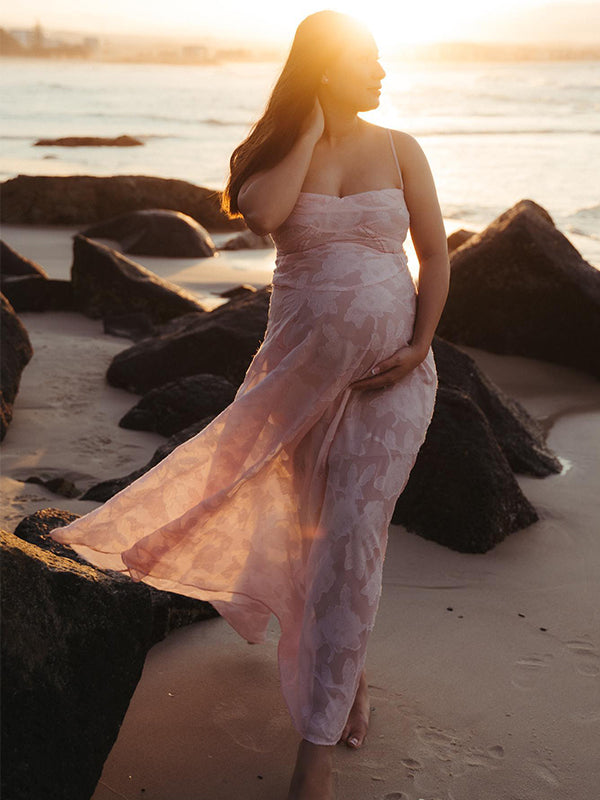Pink Spaghetti Strap Backless Sheer Big Swing Chic Maternity Maxi Dress