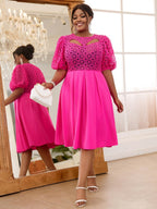 Lace Patchwork Hollow Out Lantern Sleeves Pleated Dress