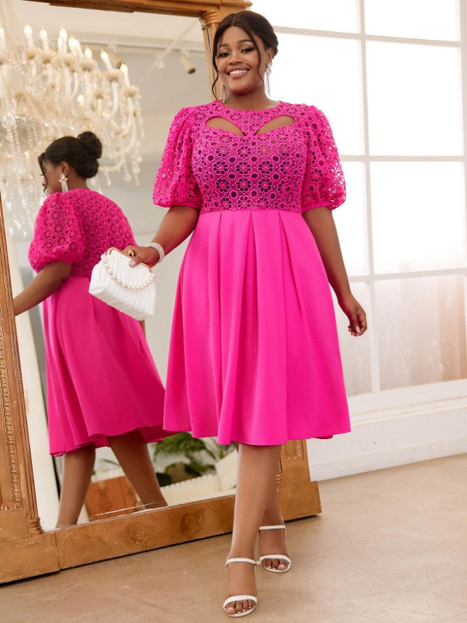 Lace Patchwork Hollow Out Lantern Sleeves Pleated Dress