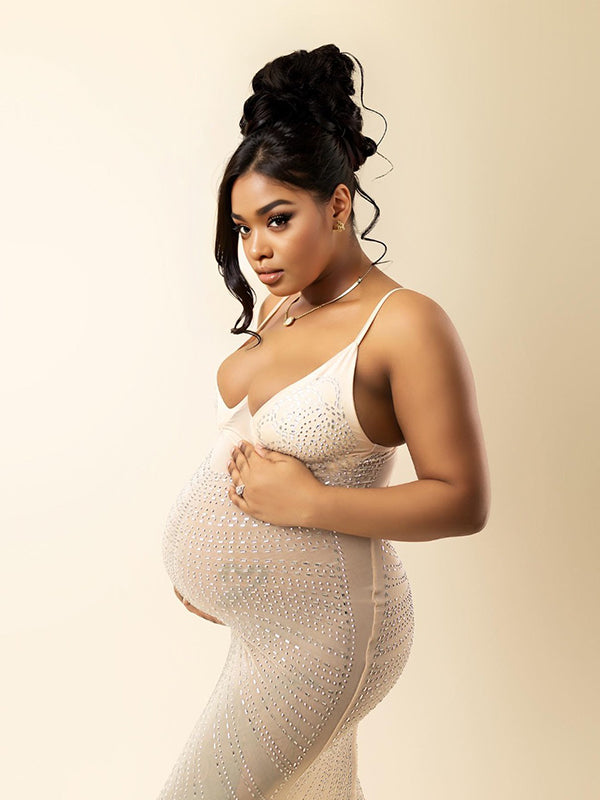 Apricot Mesh Rhinestone Spaghetti Strap Mermaid Cami Evening Gown Elegant Maternity Club Photoshoot Maxi Dress
