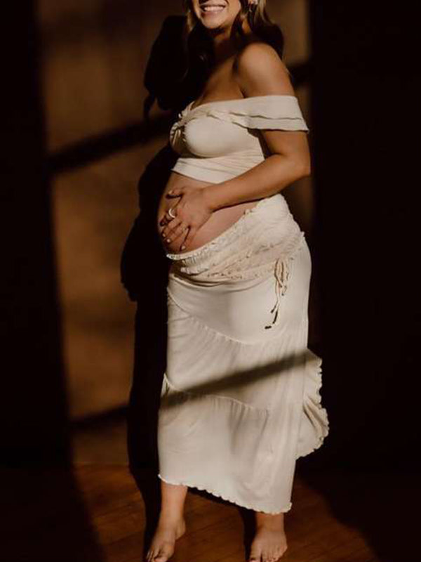 Ivory White Two Piece Set Off Shoulder Ruffle Falbala Bodycon Elegant Maternity Boho Photoshoot Baby Shower Maxi Dress