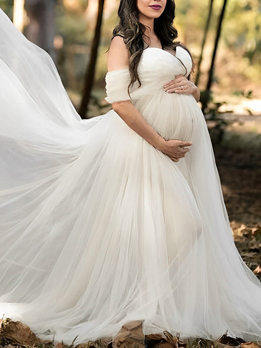 Grenadine Tulle Lace Off Shoulder Baby Shower Photoshoot Pregnant Maternity Maxi Dress